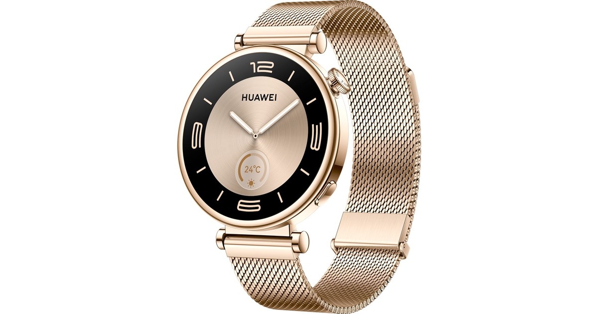 Huawei Watch GT4 41mm (Aurora-B19M), Milanese-Armband gold/weiß, Smartwatch goldenes