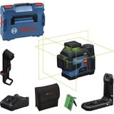 Bosch Akku-Linienlaser GLL 12V-100-33 CG Professional blau/schwarz, Li-Ion Akku 12V 2,0Ah, grüne Laserlinien, inkl. Universalhalter LB 10, Deckenklemme DK 20, L-BOXX