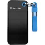 Verbatim Pocket SSD 2 TB, Externe SSD schwarz/blau, USB-C 3.2 Gen 2 (10 Gbit/s), mit Schlüsselring und Kabelhalter