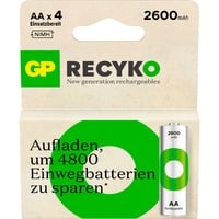 GP Batteries NiMH-Akku GP RECYKO AA (Mignon), 2.600mAh 1,2Volt 4 Stück, vorgeladen (Ready To Use)