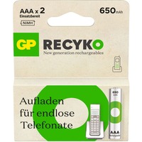GP Batteries NiMH-Akku GP RECYKO AAA (Micro), 650mAh 1,2Volt 2 Stück, vorgeladen (Ready To Use)