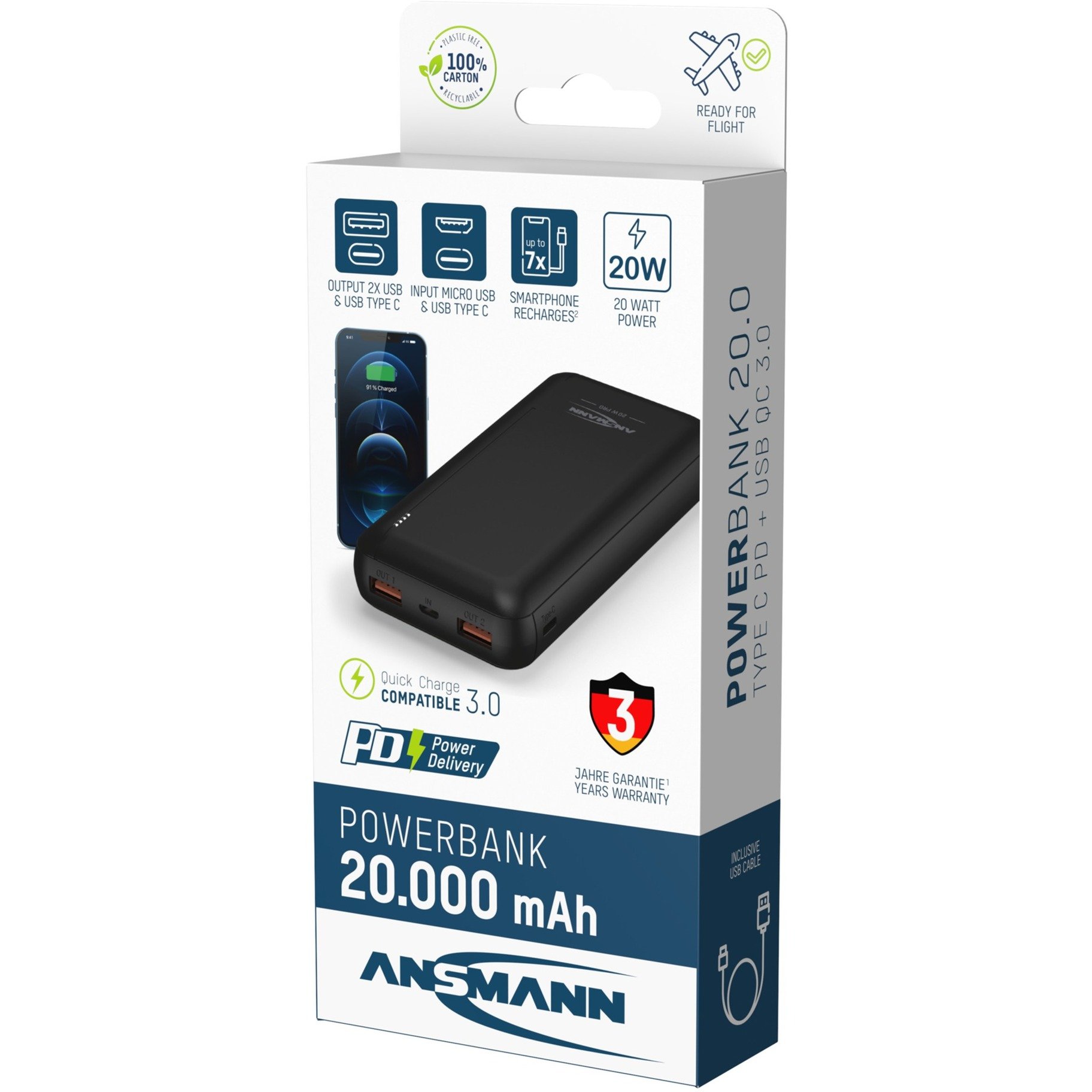 Ansmann Powerbank 20000mah Pb320pd Schwarz Usb C Power Delivery Pd 30 6091